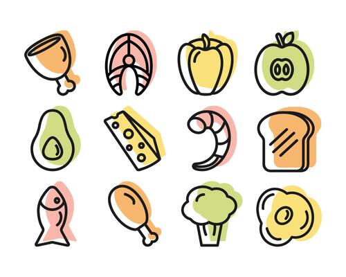 icons of healthy food in linear style, colorful. Fish, meat, chicken, fruits and vegetables, for designing an app, menu, cooking blog, website.
