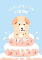 A greeting card with a dog peeking out of a birthday cake for International Dog Day, with space for text. A poster for Dog Day, birthday, party, anniversary, or other event. vector
