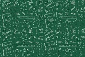 Seamless pattern with school drawings on a blackboard background. Background for school textbook covers, textiles, and stationery, Back to School concept. Sloppy sketches in a notebook vector