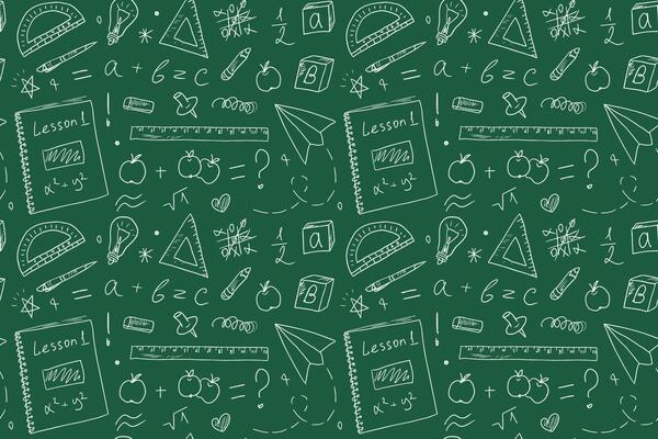 Seamless pattern with school drawings on a blackboard background. Background for school textbook covers, textiles, and stationery, Back to School concept. Sloppy sketches in a notebook