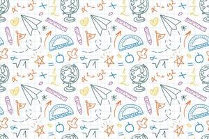 Seamless pattern Back to School on a checkered notebook page. Hand-drawn school supplies, colored sketches. Childrens colored background for fabric, covers, backgrounds, and notebooks. vector