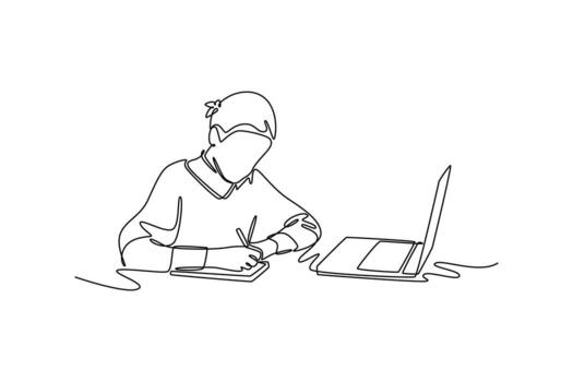 young student taking notes on textbook in online class on laptop, attending remote course meeting. University Student Life concept. Single line draw design. graphic illustration vector