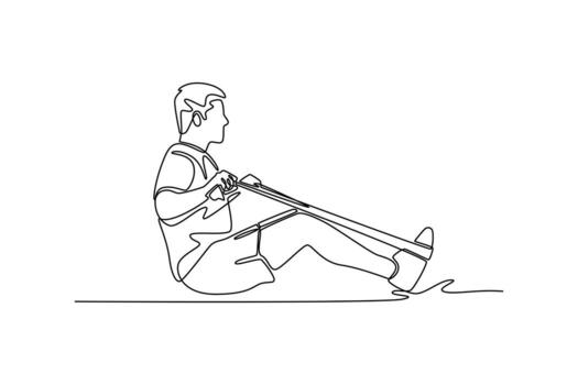 Young man exercising with an elastic band. Physical activity concept. Single line draw design. graphic illustration vector