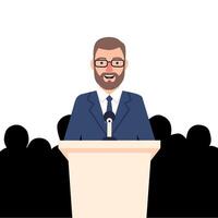 Illustration of a smiling businessman wearing a suit and glasses, speaking confidently at a podium with a microphone, in front of an audience silhouette vector