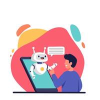 Friendly robot chatting with a smiling man through a smartphone screen. Concept of AI assistant, chatbot interaction, or virtual communication in flat style vector