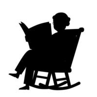 Silhouette of an elderly man reading a newspaper while sitting on a rocking chair. Simple black figure design, ideal for senior life, relaxation, or retirement themes vector