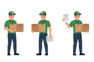 Courier in green uniform holding packages and delivery documents. Set of deliveryman poses with box and clipboard, representing shipping and logistics service concept vector