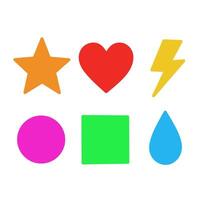 Colorful icon set featuring a bright star, heart, lightning bolt, circle, square, and drop. Ideal for childrens content, infographics, or playful UI designs vector