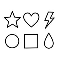 Outlined icon set with basic shapes including star, heart, lightning bolt, circle, square, and drop. Clean, minimal, and ideal for modern interfaces or line art vector