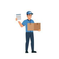 Delivery man smiling, holding a shipping box and raising document paper in hand, symbolizing proof of delivery vector