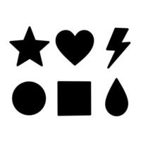 set of solid black shape icons including a star, heart, lightning bolt, circle, square, and drop. Perfect for UI, minimal design, or education visuals vector