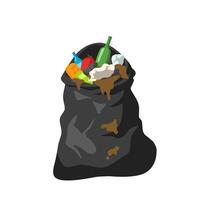 Full black garbage bag with visible trash like food waste and bottles. illustration perfect for waste management, recycling, and pollution awareness concepts vector