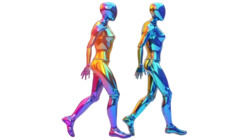 Two iridescent figures walking, side by side, in a digital art composition isolated on transparent background. png