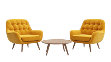 Two mustard-yellow armchairs and a round coffee table isolated on transparent background. png
