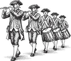 Colonial fife and drum corps marching in formation silhouette vector