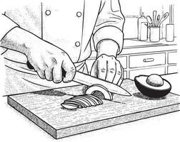Chef slicing avocado on a wooden cutting board in a kitchen silhouette vector