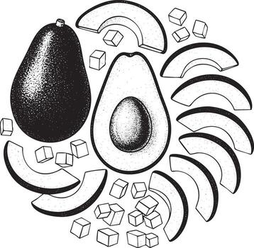 Arrangement of avocado slices and cubes in a circular pattern silhouette vector