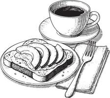 Avocado toast and coffee breakfast silhouette drawing vector