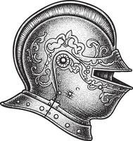 Medieval armor helmet illustration in vintage stipple engraving style vector