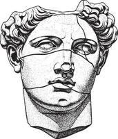 Fragmentary Colossal Head of a Youth classical statue illustration in vintage stipple engraving style isolated vector