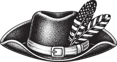 Vintage engraved colonial hat with american flag feathers vector