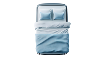 Elevated view of a light blue bed with linens isolated on transparent background. png