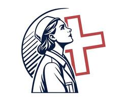 Dedicated Nurse with Red Cross Symbol Looking Upward Image vector