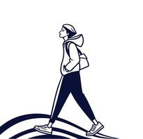 Stylized Woman Walking with Backpack in Minimalist Illustration vector