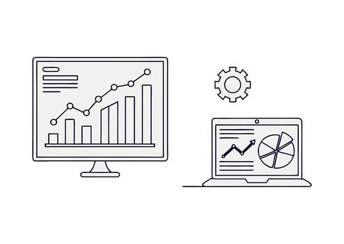 datos análisis y visualización en computadora pantallas con engranaje icono ilustración vector