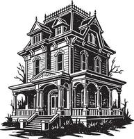 Haunted Victorian mansion retro stencil illustration stamp with distressed grunge texture isolated vector