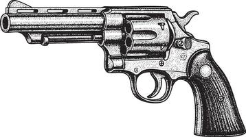 Illustration of a classic revolver in perspective in vintage stipple engraving style isolated vector