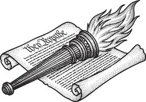 Vintage engraved flaming torch and constitution scroll in stipple style vector