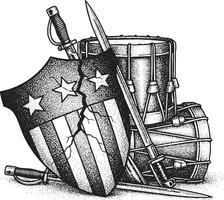 Vintage engraved cracked shield with war drums and bayonets vector