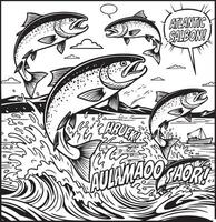 Atlantic salmon fish illustrations in retro black and white comic book style vector