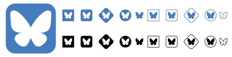 Butterfly icons in blue and black show a design collection against a white background, offering diverse creative assets. vector