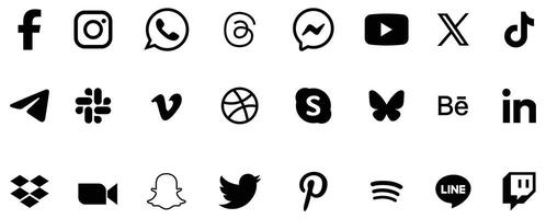 Popular social media app icons showcase connectivity in black silhouette on white, reflecting modern digital communication trends. vector