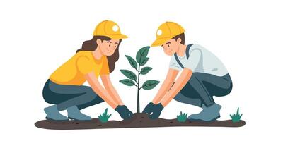 People planting a young tree together vector