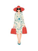 modern woman with shopping bags and hat in coat illustration vector