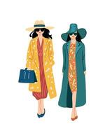 elegant womans with shopping bags in coat and hat full length illustration vector