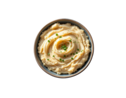 A bowl of mashed potatoes with a spoon on top png