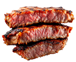 Close up stack of three juicy grilled steaks with charred edges and light background png