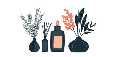 set of vases with flowers and aroma candles illustration vector