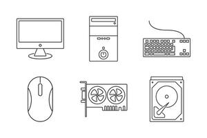 Icon set of computer hardware, including monitor, CPU, keyboard, mouse, graphics card, hard drive. Ideal for tech guides, reviews, IT support. vector