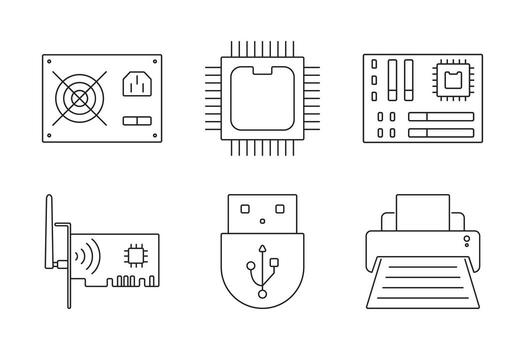 Icon set of tech components, including power supply, chip, motherboard, antenna, USB, printer. Perfect for electronics, tutorials, device manuals. vector