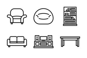 Minimalist line icon set of living room furniture including armchair, couch, bean bag, table, bookcase, and entertainment center. Ideal for interior and home design. vector