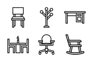 Icon set of utility and workspace furniture including desk, chair, dining table, office chair, rocking chair, and coat rack. Great for interior, office, and organization visuals. vector
