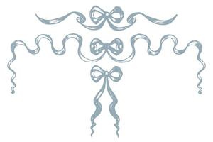 Vintage rococo baroque bows on isolated background. Victorian engraved ribbons tied in knot. Set wavy ribbon corners. Hand drawn design for wedding invitation, birthday card, bachelorette party vector