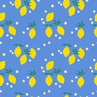 Seamless pattern with Lemon Citrus fruits and flower. Repeating blue background with yellow citrons, leaf, bloom tree. Rapport with Lime plant branch for wrapping, textile, paper, card, print vector