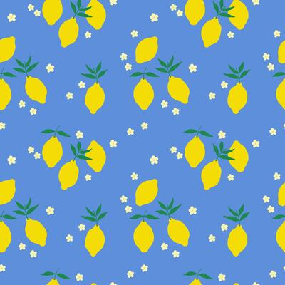Seamless pattern with Lemon Citrus fruits and flower. Repeating blue background with yellow citrons, leaf, bloom tree. Rapport with Lime plant branch for wrapping, textile, paper, card, print