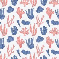 Seashells seamless pattern illustration nautical motif. Repeating background with conches, fish, sea plants for template, textile, print, card, poster. Texture for beach, sea, seafood, summer vector